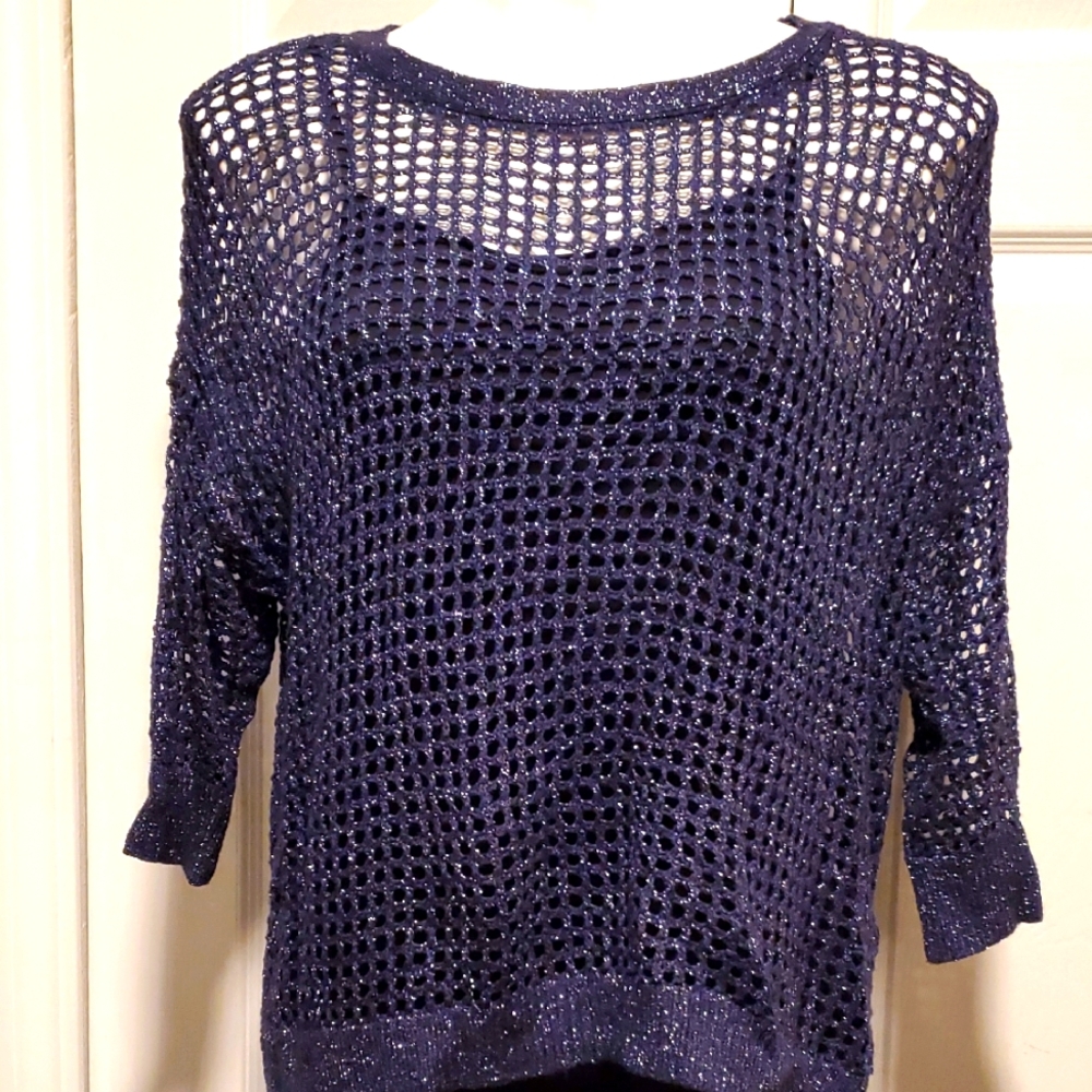 Express Women's Boxy Metallic Navy Blue Open Knit Raglan Sweater - Size Large
